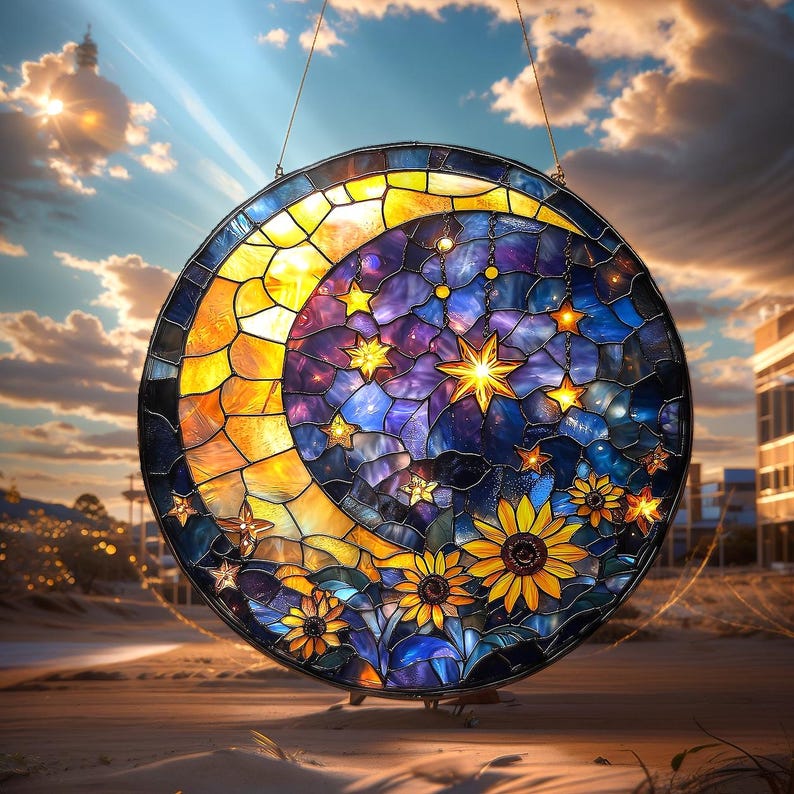 Moon and Star Stain Glass Suncatcher