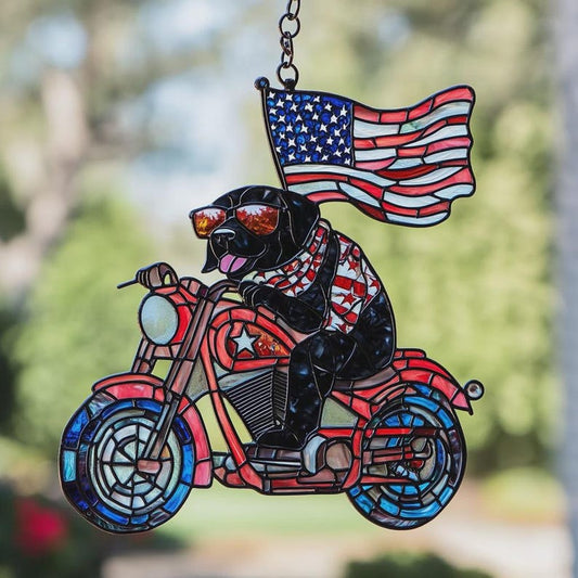 Patriotic Dog Motorcycle Stained Glass Acrylic Suncatcher