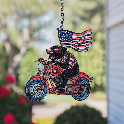 Patriotic Dog Motorcycle Stained Glass Acrylic Suncatcher