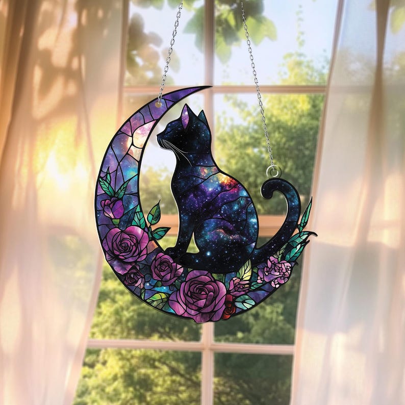 Galaxy Cat on Crescent Moon Stain Glass Suncatcher