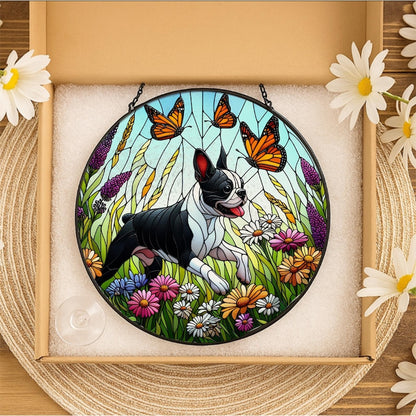 Boston Terrier And Wildflower Stained Glass Suncatcher