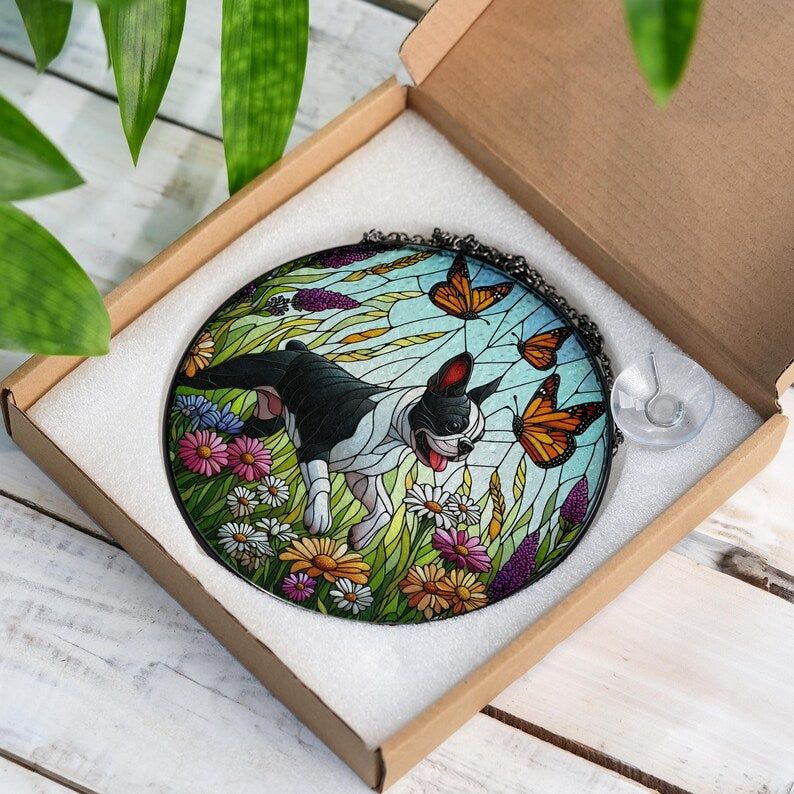 Boston Terrier And Wildflower Stained Glass Suncatcher
