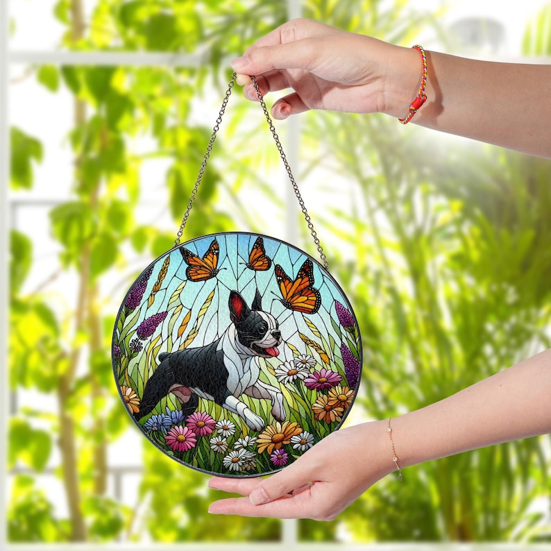 Boston Terrier And Wildflower Stained Glass Suncatcher