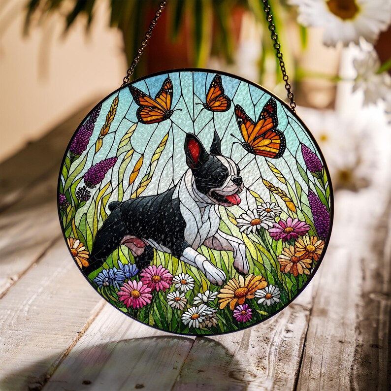 Boston Terrier And Wildflower Stained Glass Suncatcher