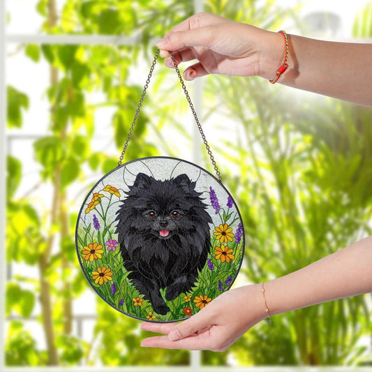 Black Pomeranian Wildflower Stained Glass Suncatcher