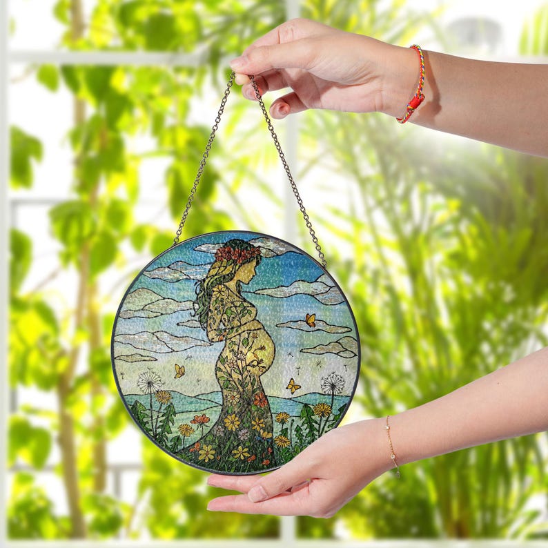 Floral Pregnant Mom Stained Glass Suncatcher
