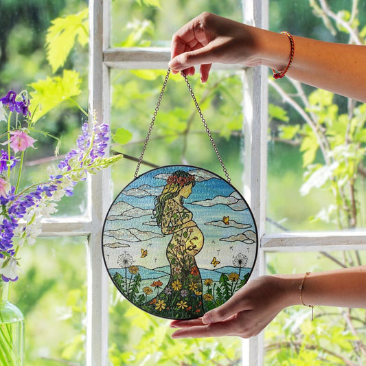 Floral Pregnant Mom Stained Glass Suncatcher