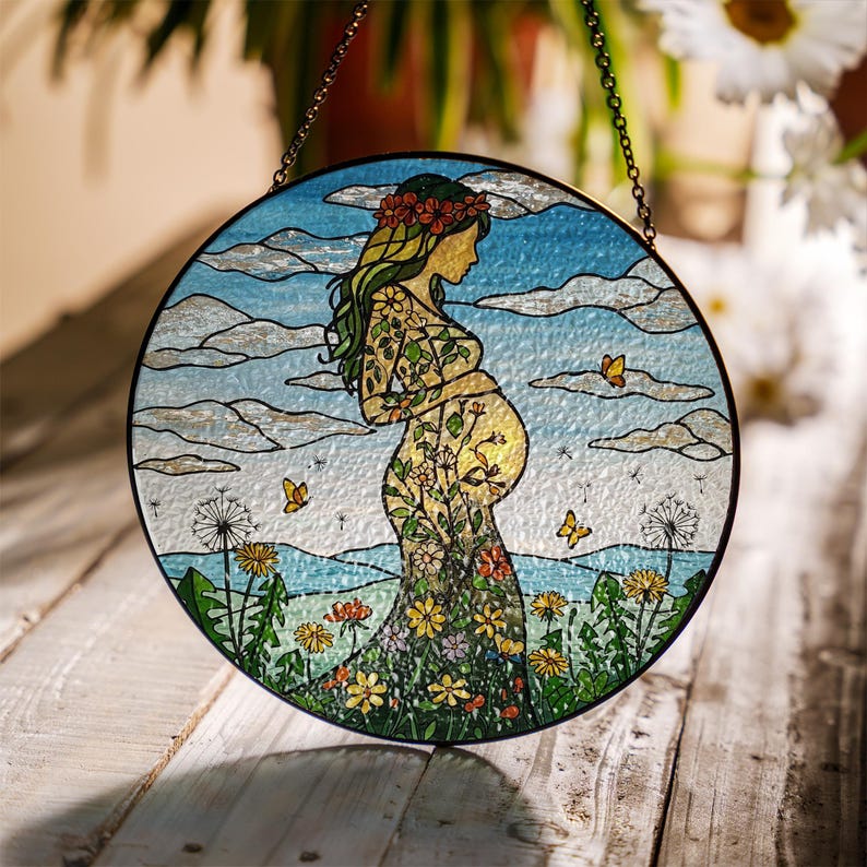 Floral Pregnant Mom Stained Glass Suncatcher