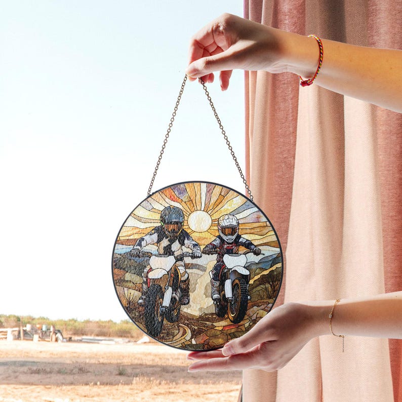 Dad And Son Dirt Bike Stained Glass Suncatcher