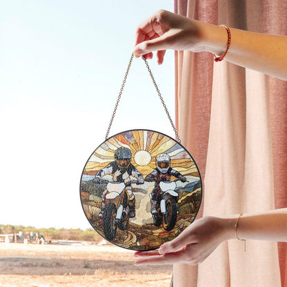 Dad And Son Dirt Bike Stained Glass Suncatcher