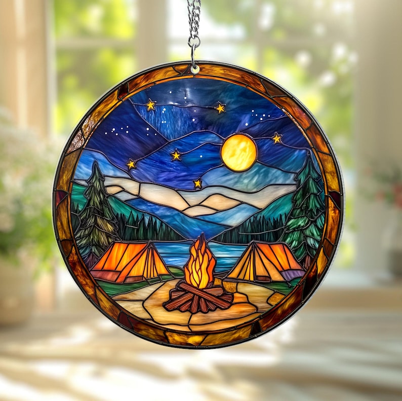 Starry Camp Fire Stained Glass Suncatcher