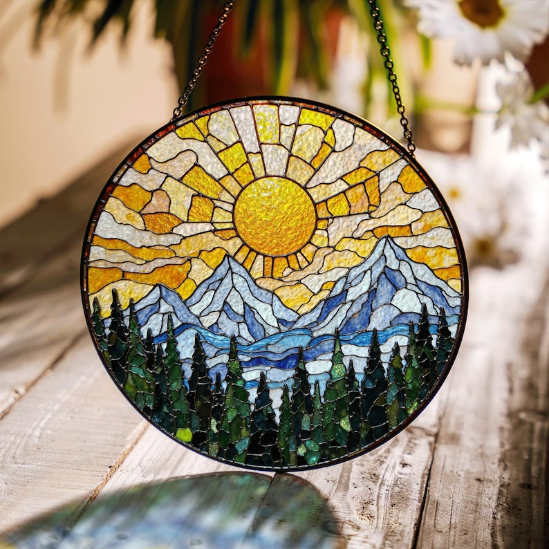 Mountain Sunrise Stained Glass Suncatcher