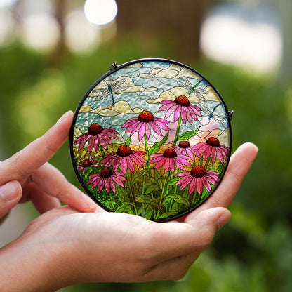 Coneflower and Dragonfly Stained Glass Suncatcher