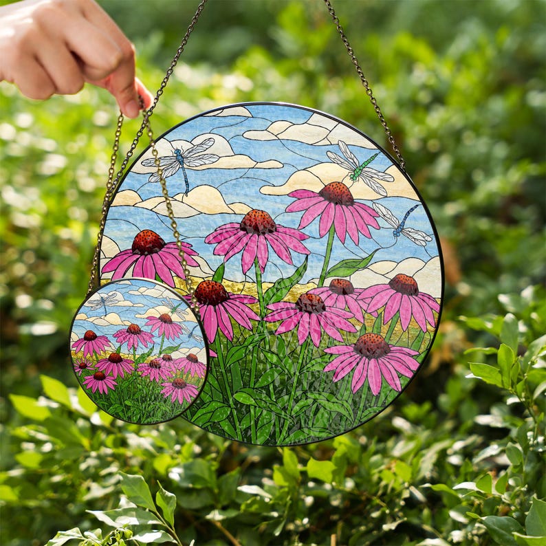 Coneflower and Dragonfly Stained Glass Suncatcher