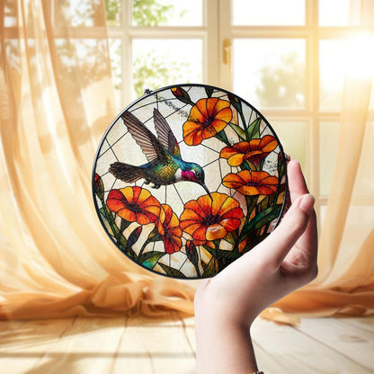 Hummingbird and Trumpet Vine Stained Glass Suncatcher