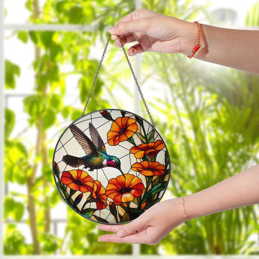 Hummingbird and Trumpet Vine Stained Glass Suncatcher
