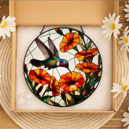 Hummingbird and Trumpet Vine Stained Glass Suncatcher
