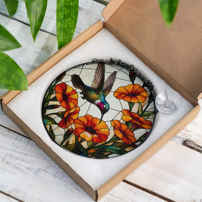 Hummingbird and Trumpet Vine Stained Glass Suncatcher