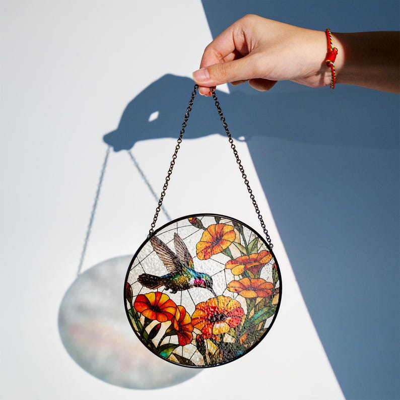 Hummingbird and Trumpet Vine Stained Glass Suncatcher