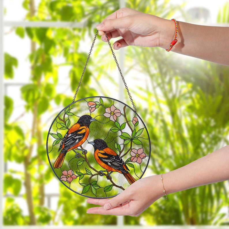 Baltimore Orioles and Trailing Flowering Vines Stained Glass Suncatcher