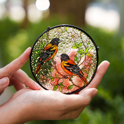 Baltimore Orioles and Trailing Flowering Vines Stained Glass Suncatcher