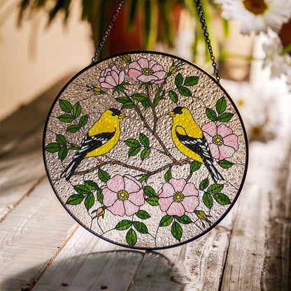 Yellow Finches and Wild Roses Stained Glass Suncatcher