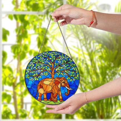 Elephant Tree of Life Stained Glass Suncatcher