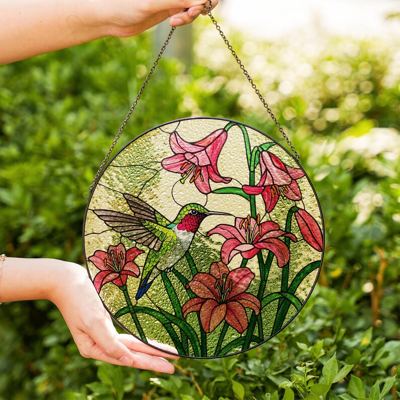 Hummingbird and Pink Lily Stained Glass Suncatcher