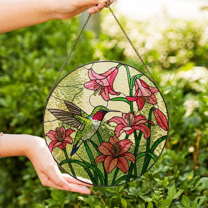 Hummingbird and Pink Lily Stained Glass Suncatcher