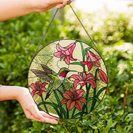 Hummingbird and Pink Lily Stained Glass Suncatcher