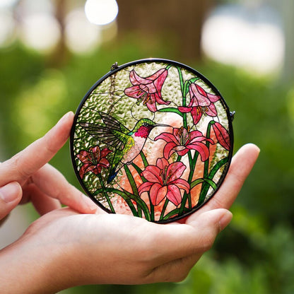 Hummingbird and Pink Lily Stained Glass Suncatcher