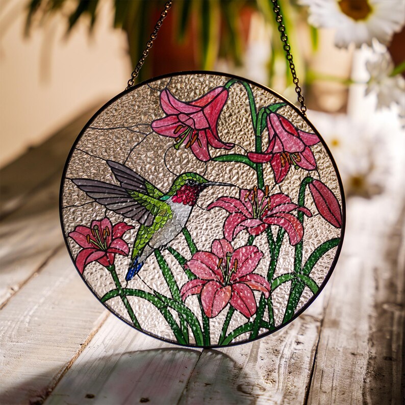Hummingbird and Pink Lily Stained Glass Suncatcher