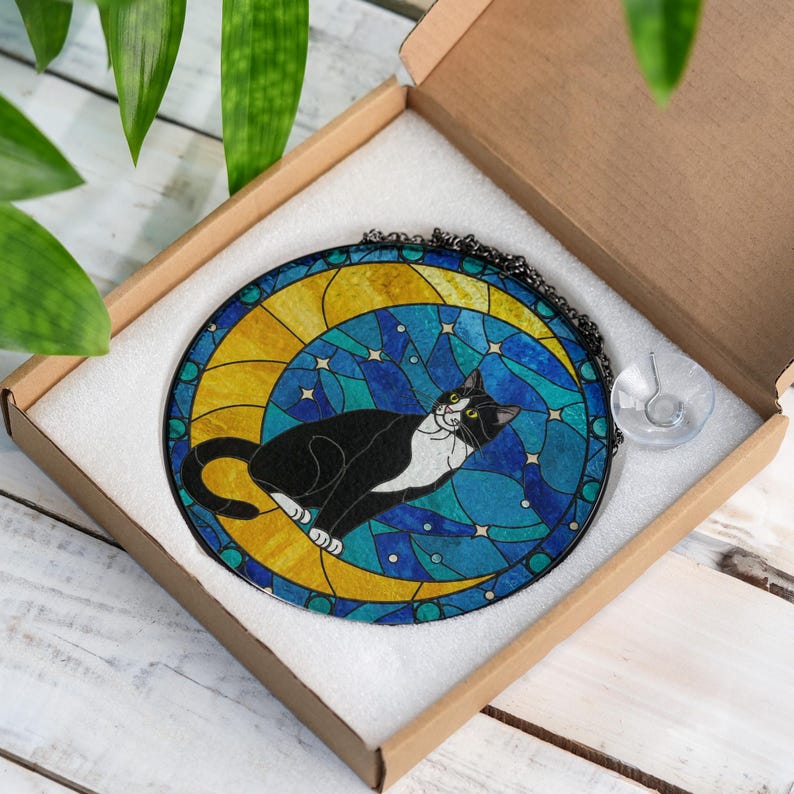 Cat On Moon Stained Glass Suncatcher