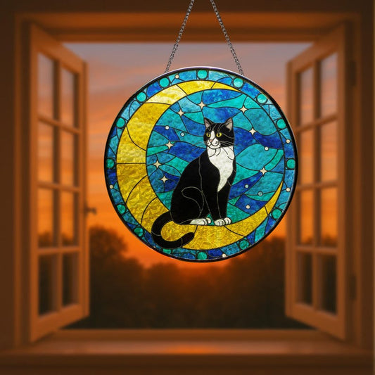 Cat On Moon Stained Glass Suncatcher