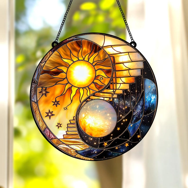 Celestial Sun and Moon Yin Yang Stain Glass Suncatcher