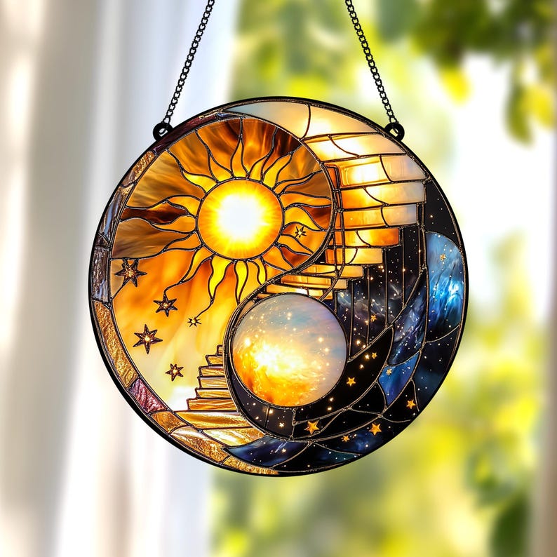 Celestial Sun and Moon Yin Yang Stain Glass Suncatcher