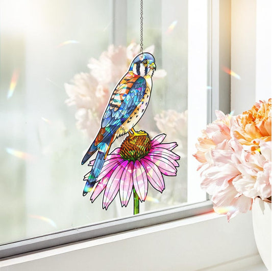 Kestrel and Pink Coneflower Stained Glass Suncatcher