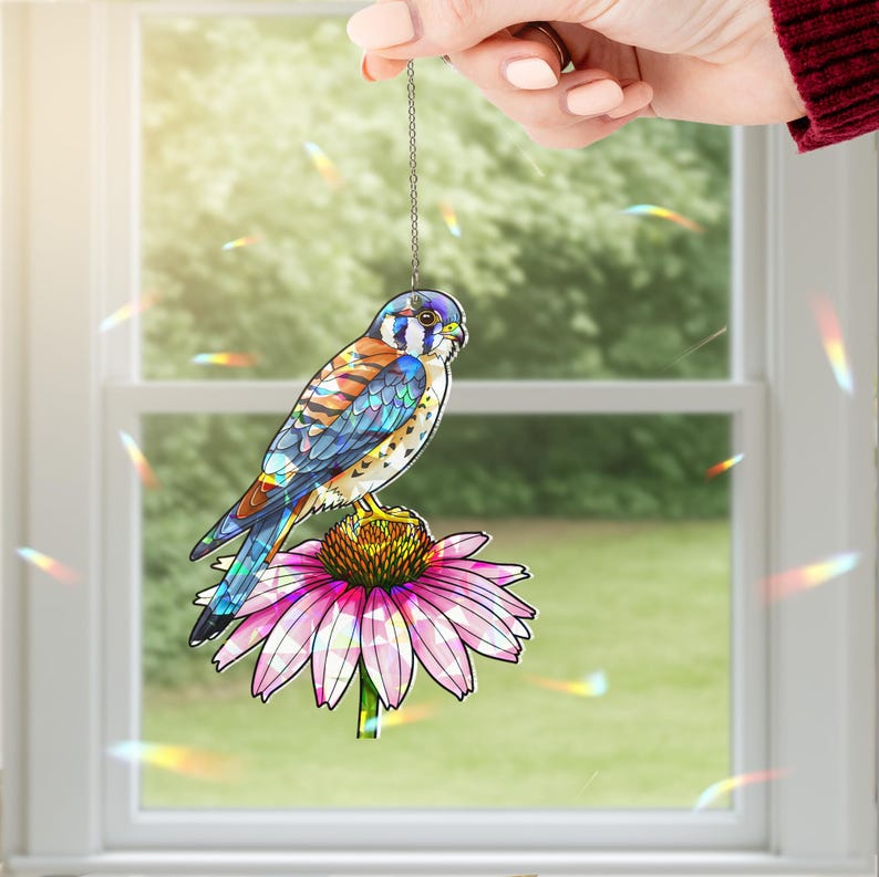 Kestrel and Pink Coneflower Stained Glass Suncatcher