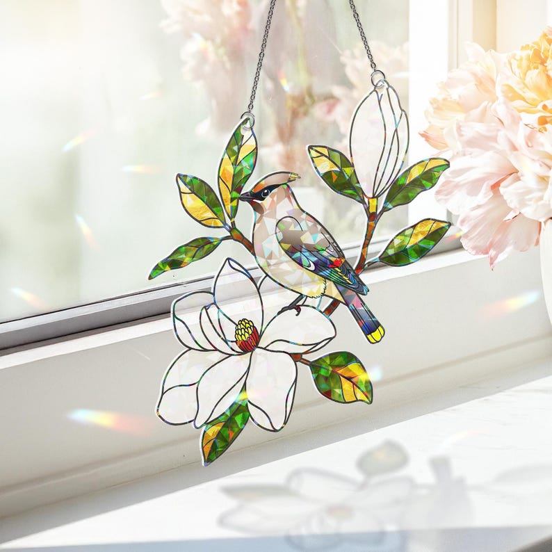 Cedar Waxwing Stained Glass Suncatcher