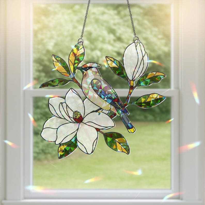 Cedar Waxwing Stained Glass Suncatcher