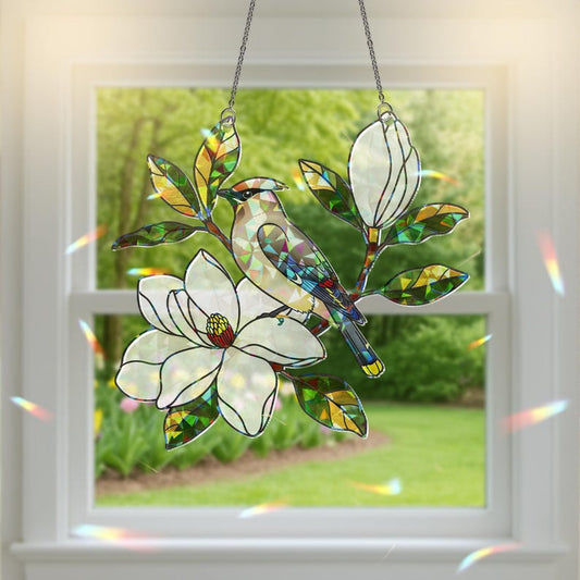 Cedar Waxwing Stained Glass Suncatcher