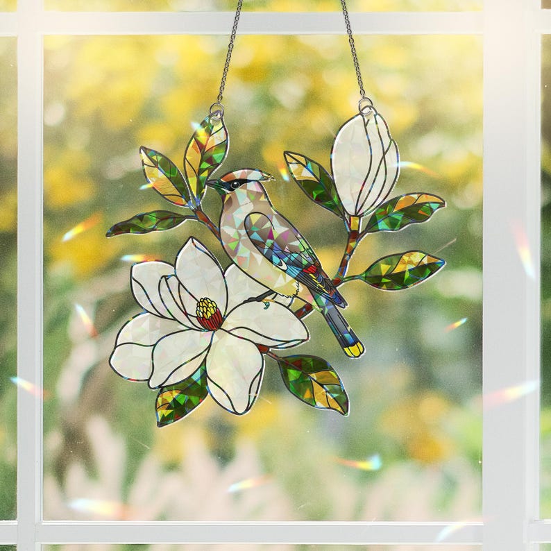 Cedar Waxwing Stained Glass Suncatcher