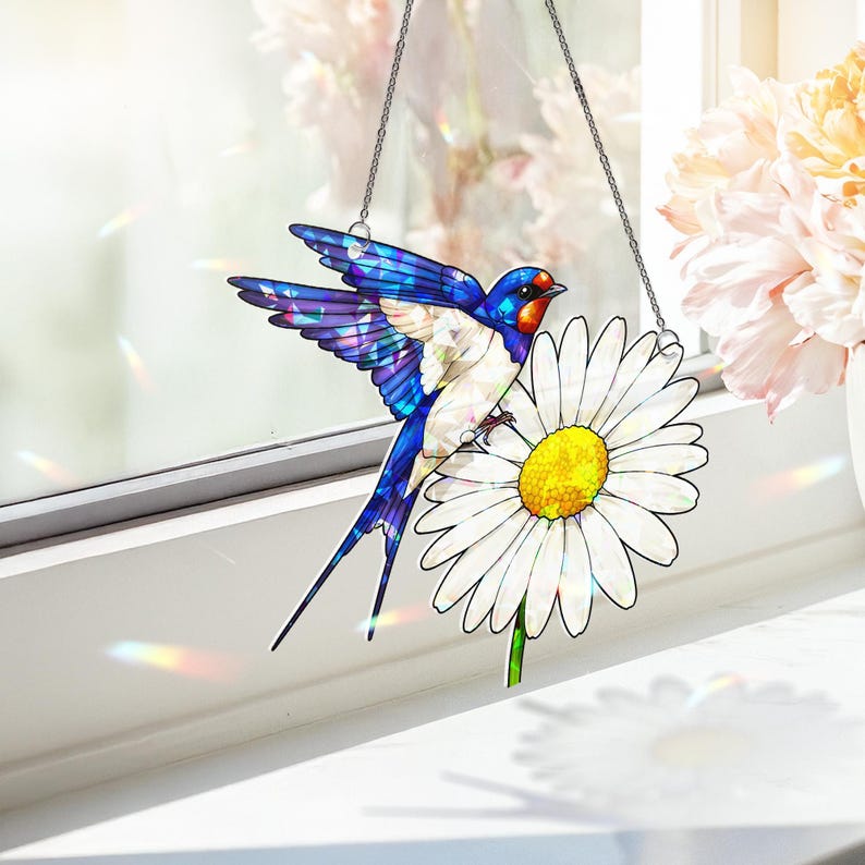 Barn Swallow Daisy Stained Glass Suncatcher