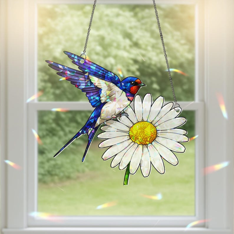 Barn Swallow Daisy Stained Glass Suncatcher
