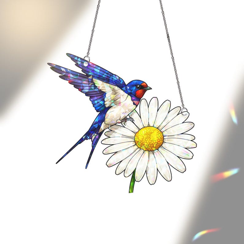 Barn Swallow Daisy Stained Glass Suncatcher