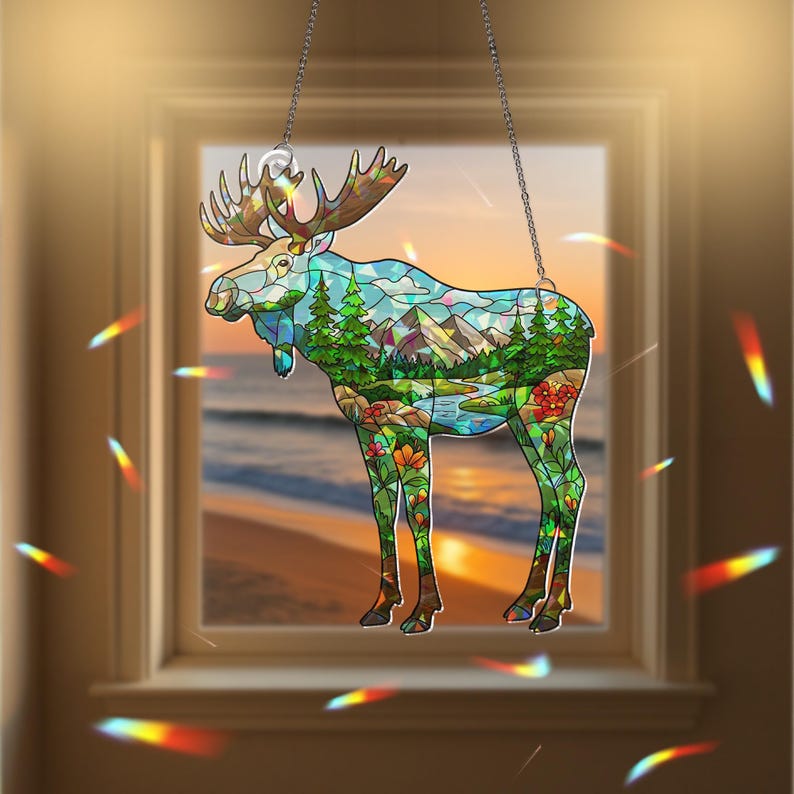 Rustic Moose Nouveau Stained Glass Suncatcher