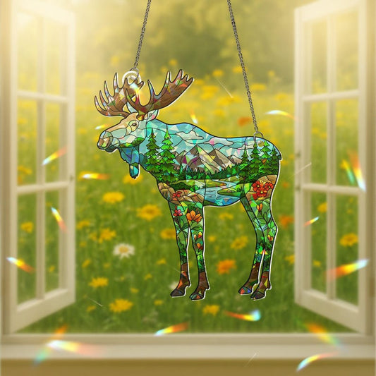 Rustic Moose Nouveau Stained Glass Suncatcher