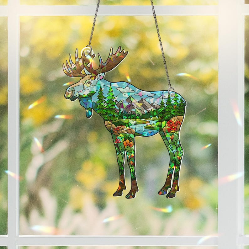 Rustic Moose Nouveau Stained Glass Suncatcher