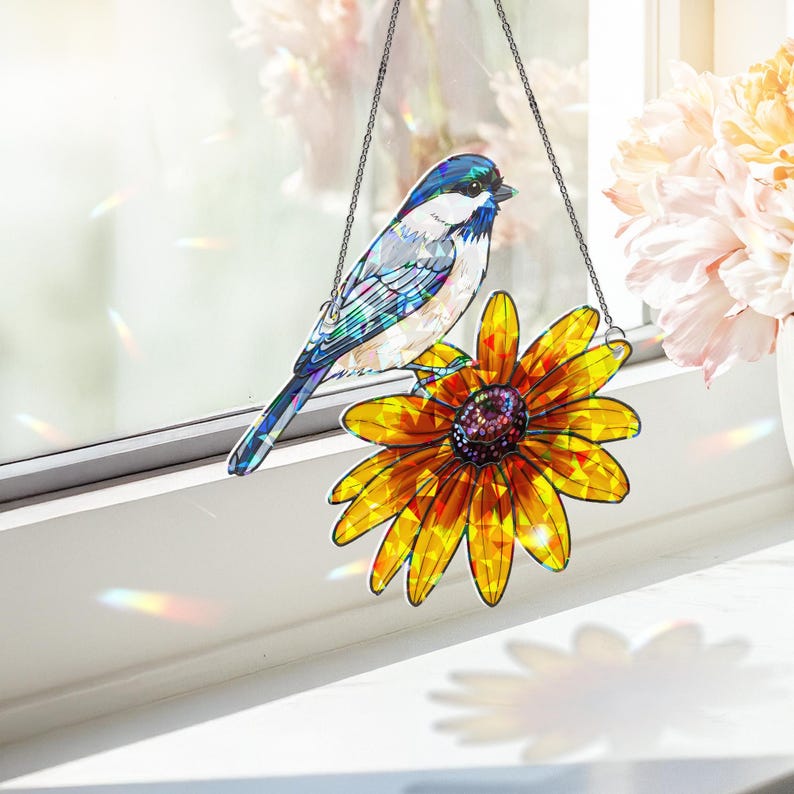 Chickadee & Black-Eyed Susan Stained Glass Suncatcher