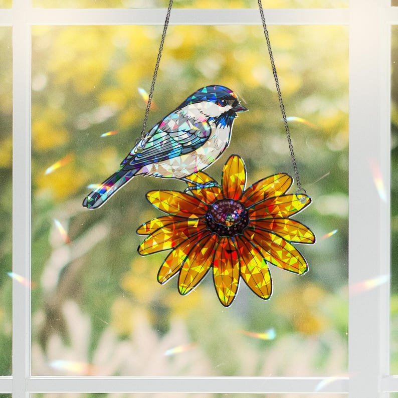 Chickadee & Black-Eyed Susan Stained Glass Suncatcher
